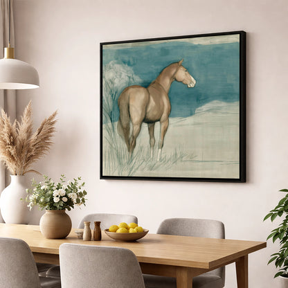 The Quiet Glance horse portrait wall art displayed in a dining room
