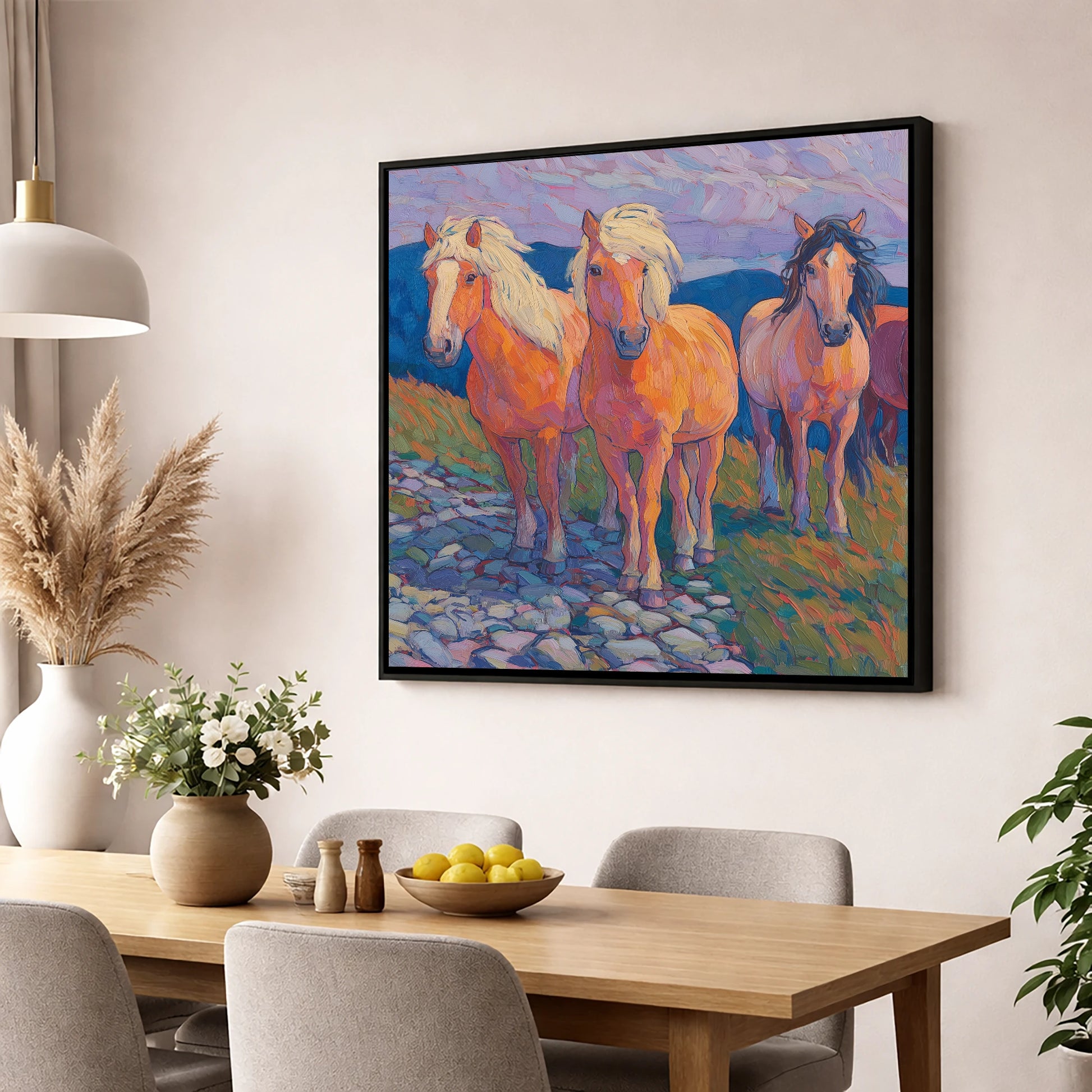 Painted Highland Herd horse landscape wall art displayed in a dining room