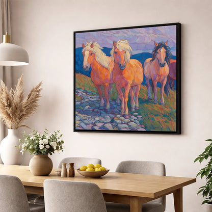 Painted Highland Herd horse landscape wall art displayed in a dining room