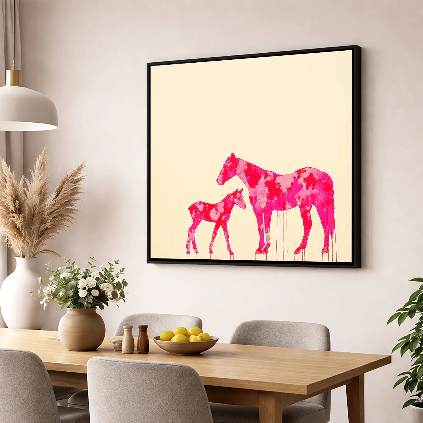 Magenta Mare and Foal mare & foal wall art displayed in a dining room