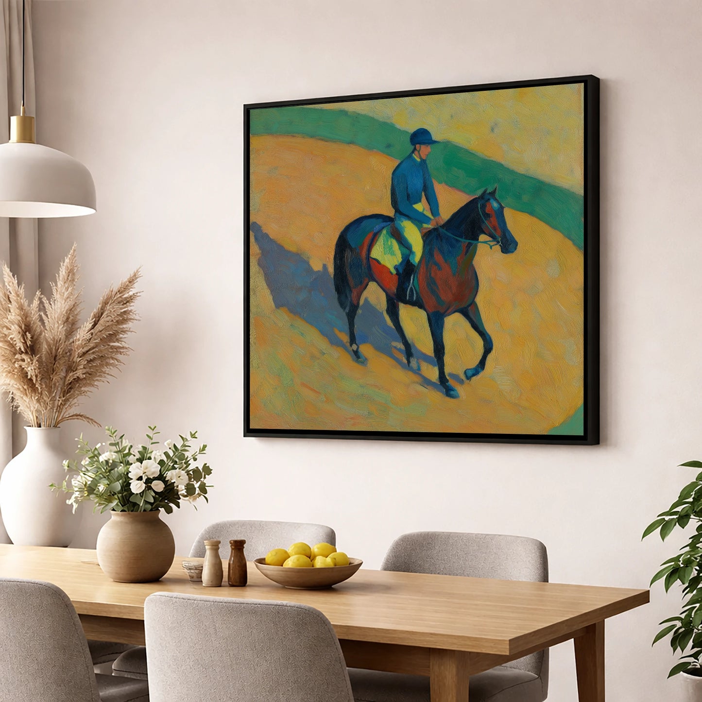 Shadows on the Golden Track racing horse wall art displayed in a dining room