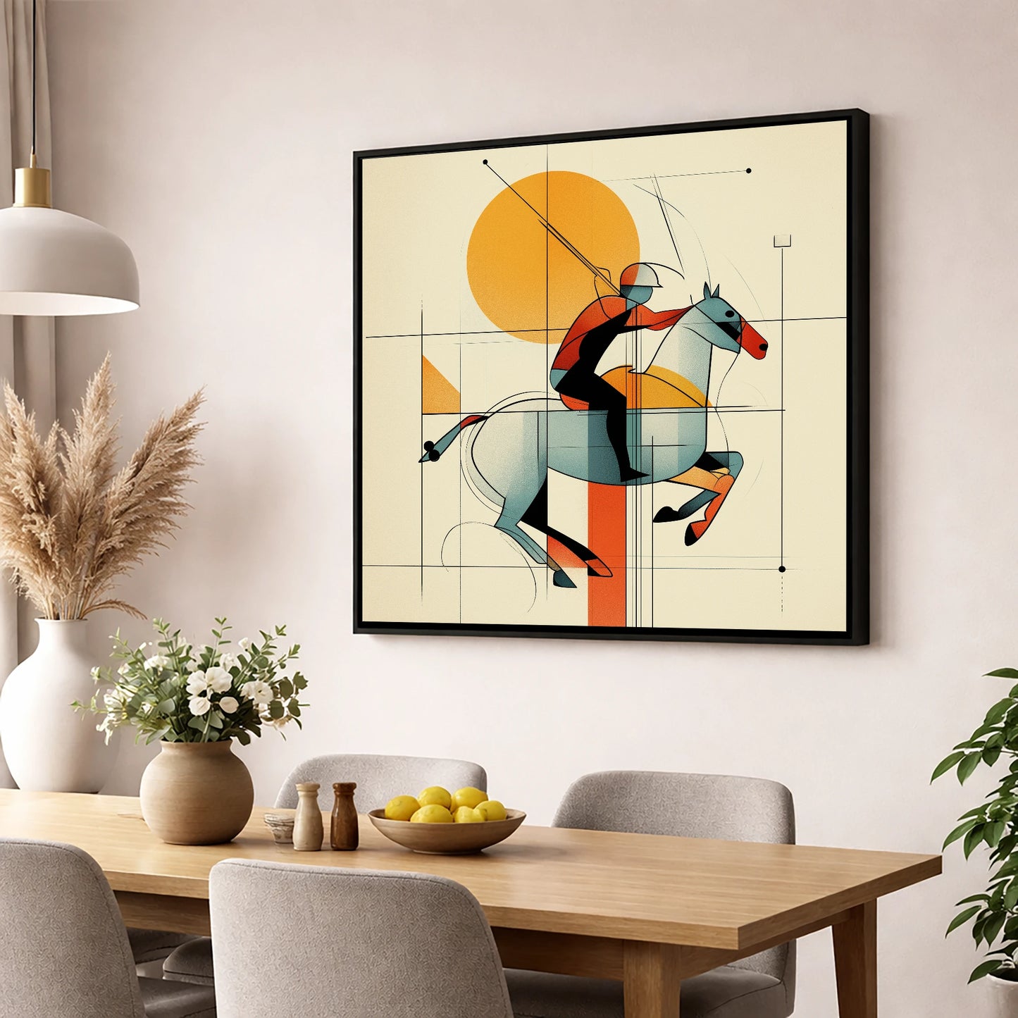 Structured Chukka polo horse wall art displayed in a dining room