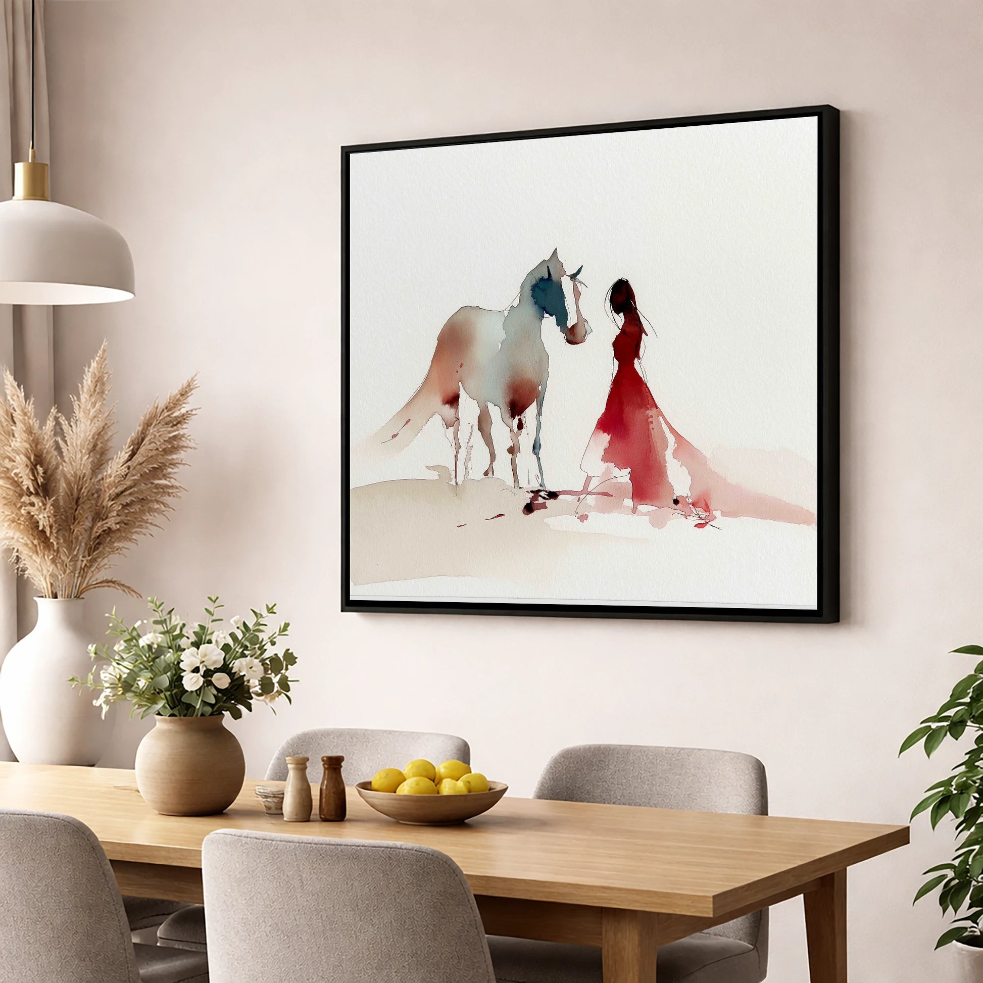 The Crimson Bond horse & rider wall art displayed in a dining room
