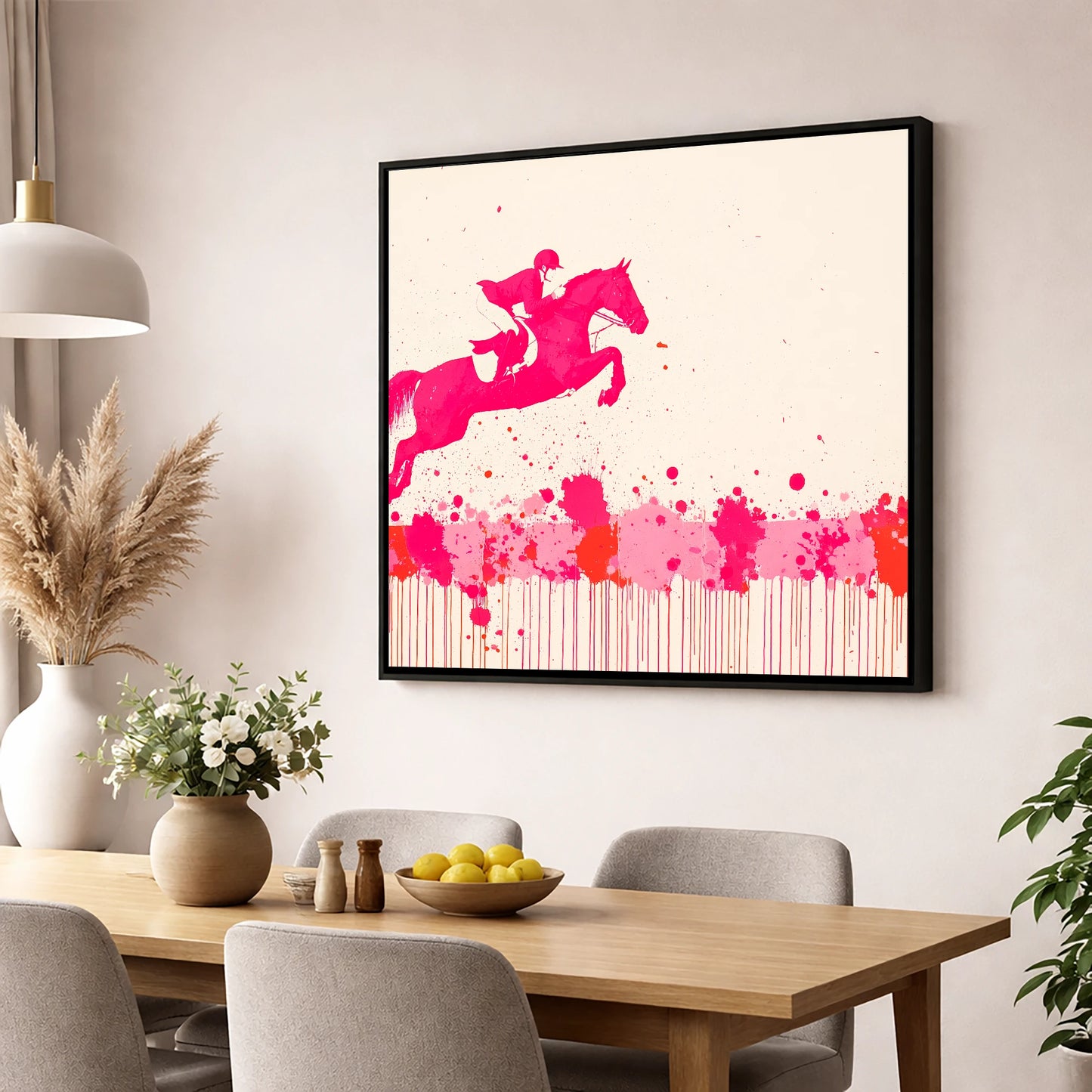 Magenta Flight show jumping horse wall art displayed in a dining room