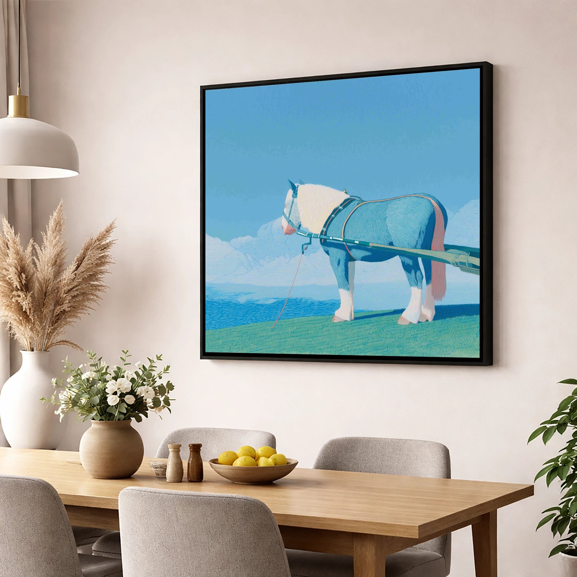 Steadfast Horizon working horse wall art displayed in a dining room