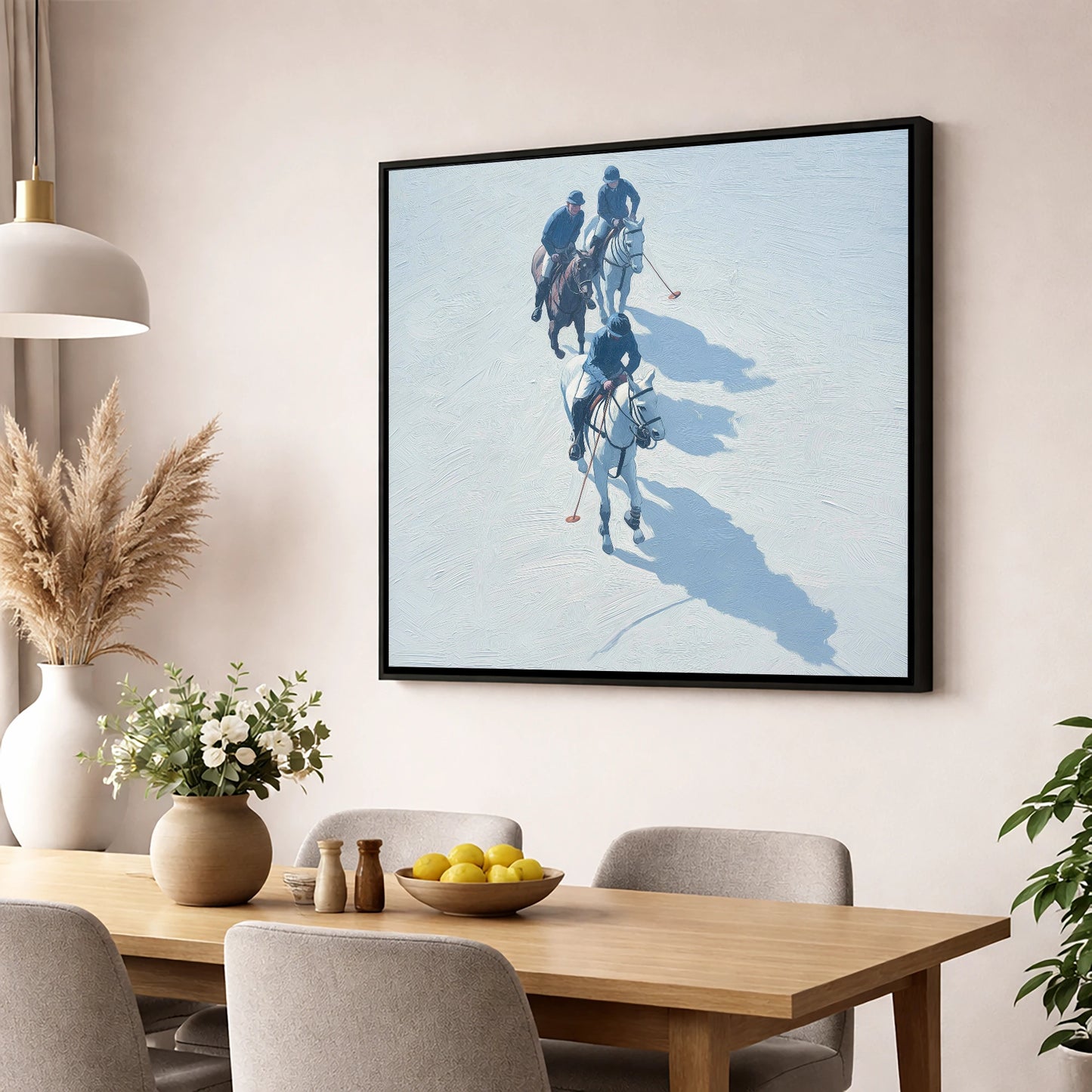 The Long Shadow Chukka polo horse wall art displayed in a dining room