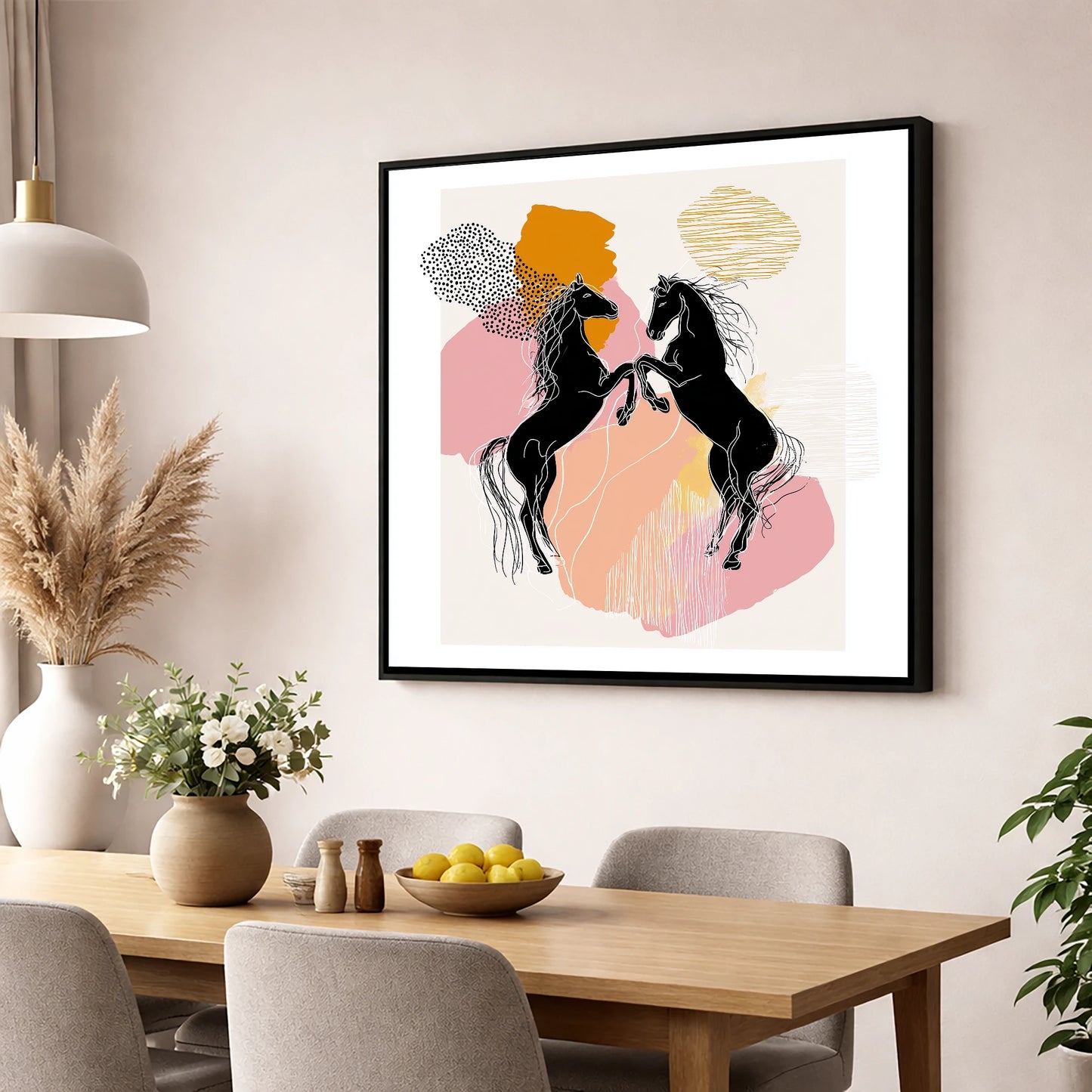Abstract Equine Harmony wild horses wall art displayed in a dining room