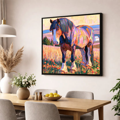 Colourful Heavy Horse in Meadow horse breed wall art displayed in a dining room