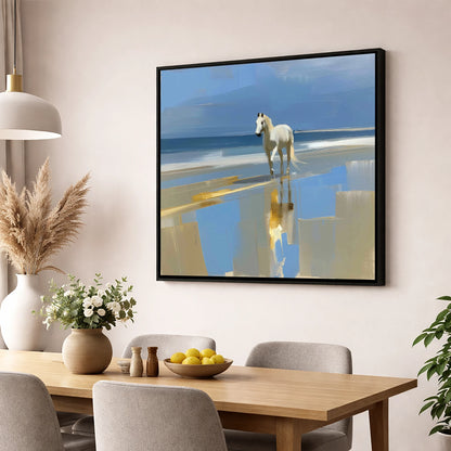 Coastal Reflection horse landscape wall art displayed in a dining room