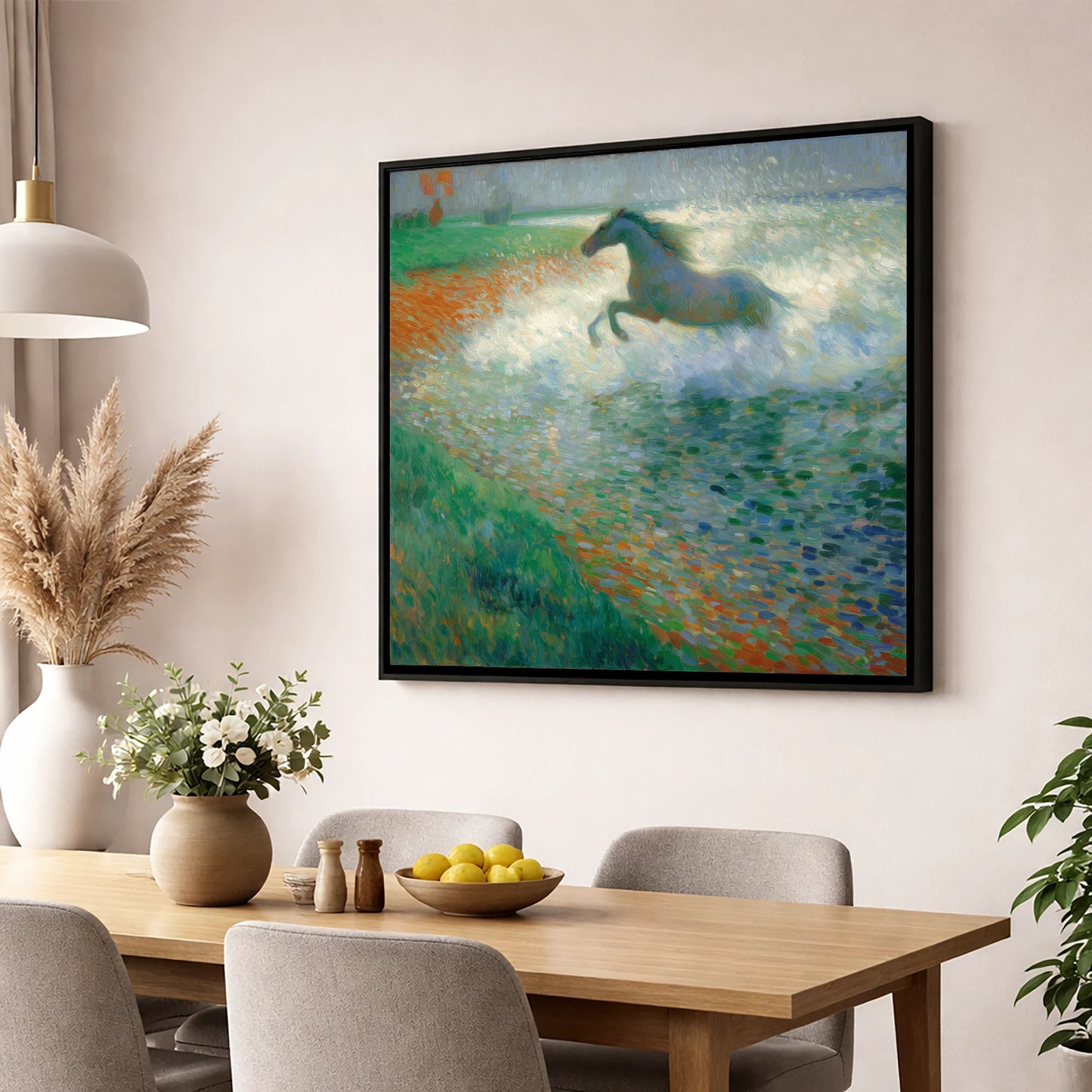 Luminous Surf Canter beach horse wall art displayed in a dining room