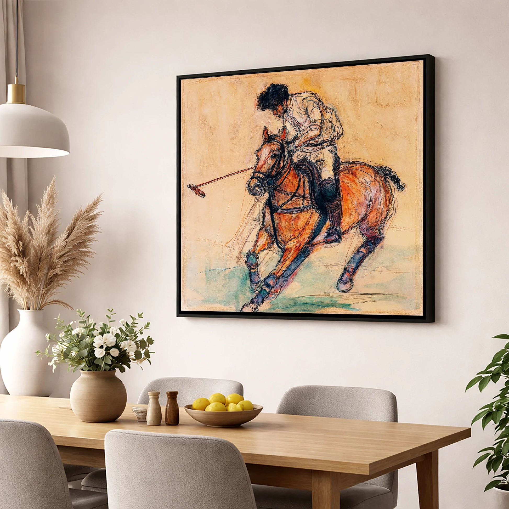 Heat of the Chukka polo horse wall art displayed in a dining room