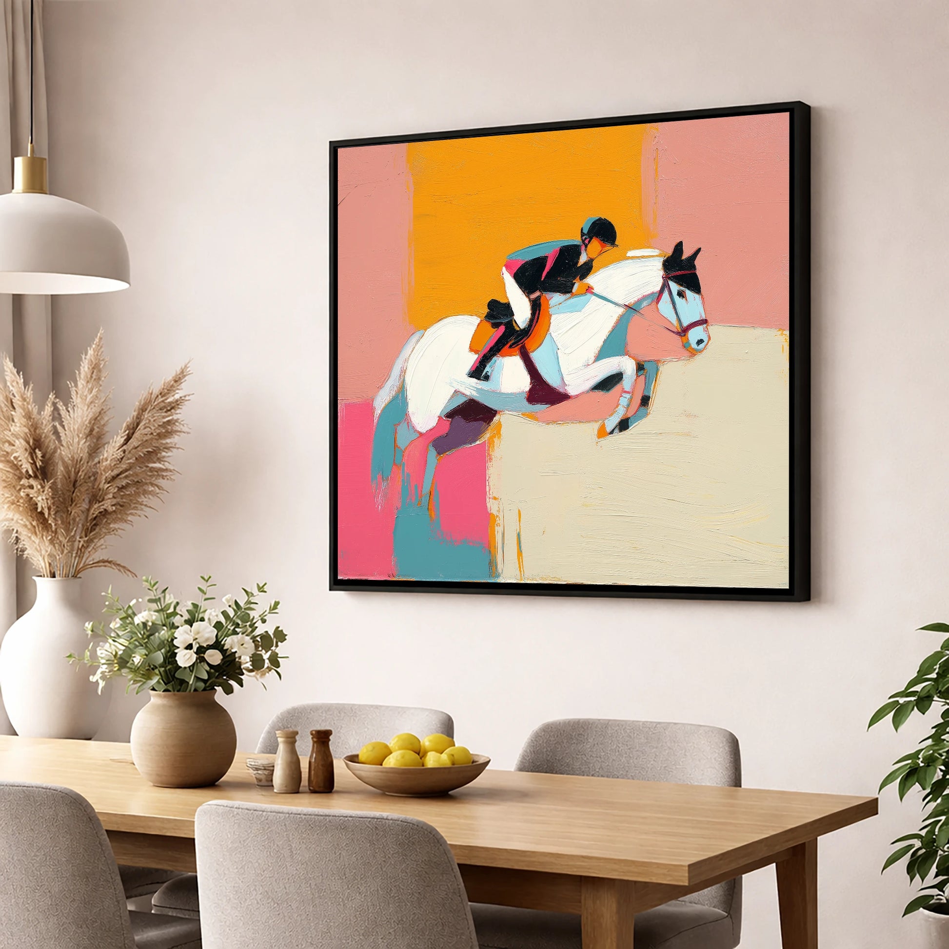 Vibrant Flight show jumping horse wall art displayed in a dining room