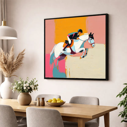 Vibrant Flight show jumping horse wall art displayed in a dining room