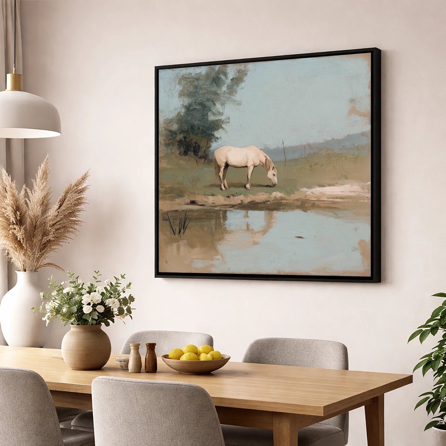 Pastoral Reflection horse landscape wall art displayed in a dining room