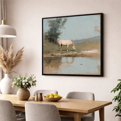 Pastoral Reflection horse landscape wall art displayed in a dining room