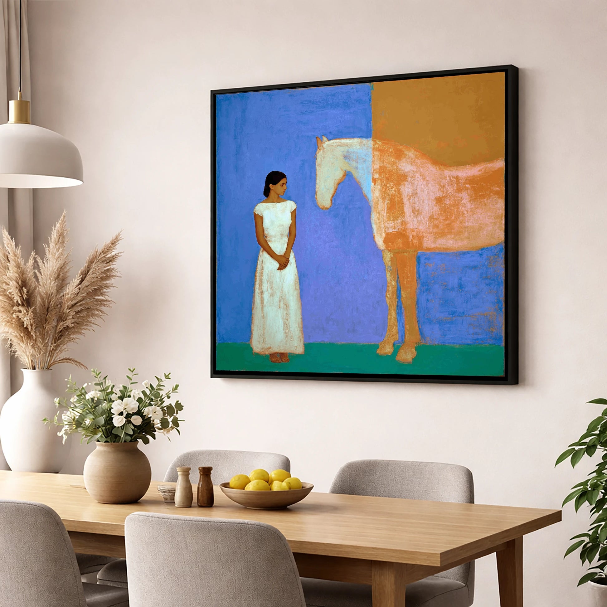 A Silent Understanding horse & rider wall art displayed in a dining room