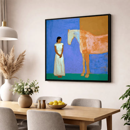 A Silent Understanding horse & rider wall art displayed in a dining room