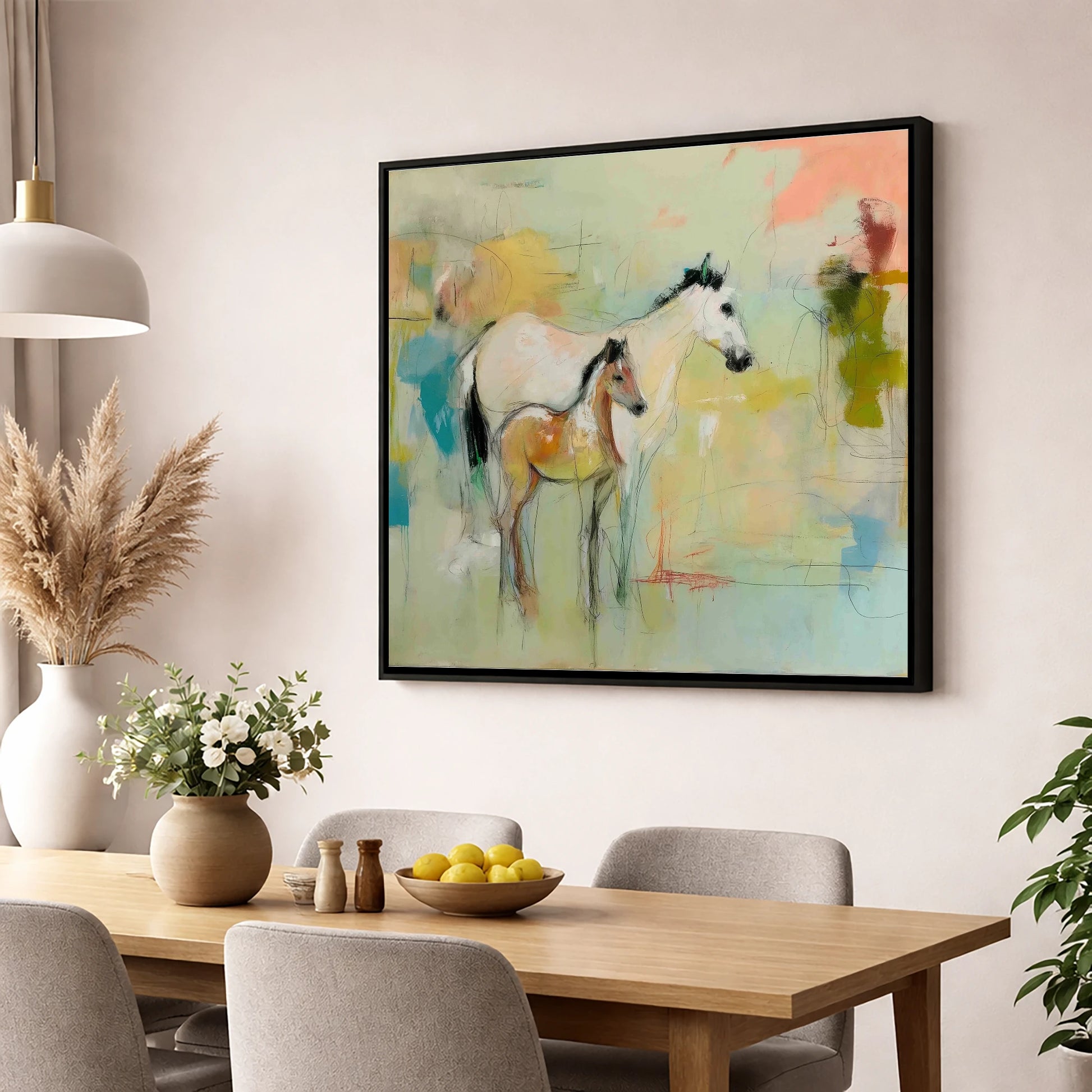 Ethereal Mare and Foal mare & foal wall art displayed in a dining room