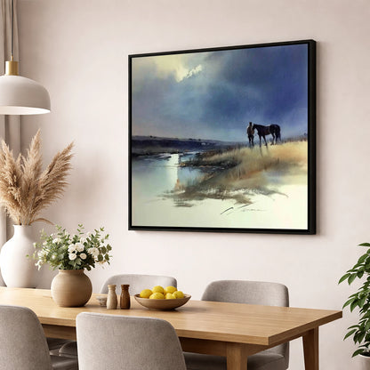 Storm Light Companions horse & rider wall art displayed in a dining room