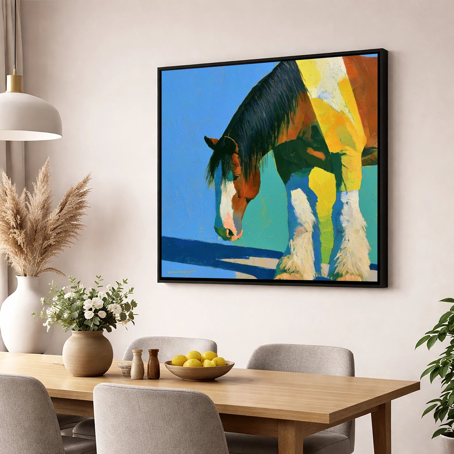 Clydesdale Horse Against Blue Sky horse breed wall art displayed in a dining room