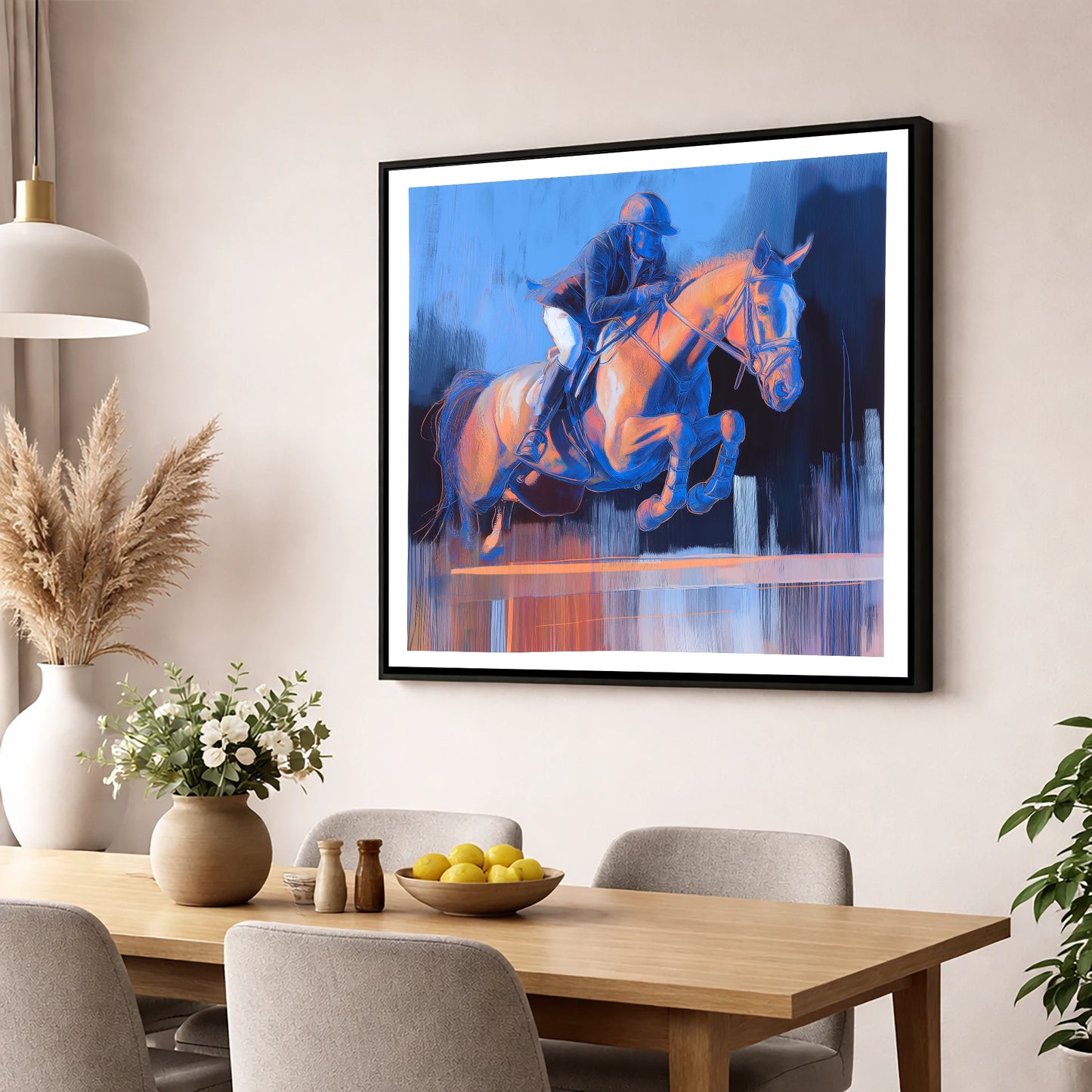 Cobalt Ascent show jumping horse wall art displayed in a dining room
