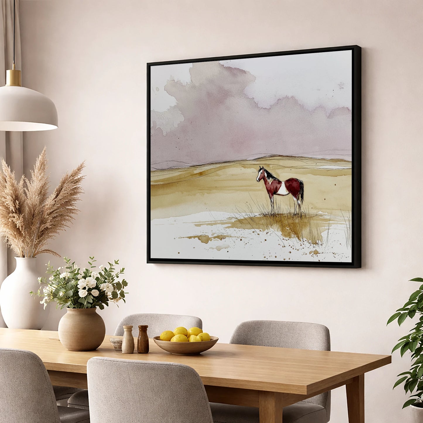 Ochre Horizons horse landscape wall art displayed in a dining room