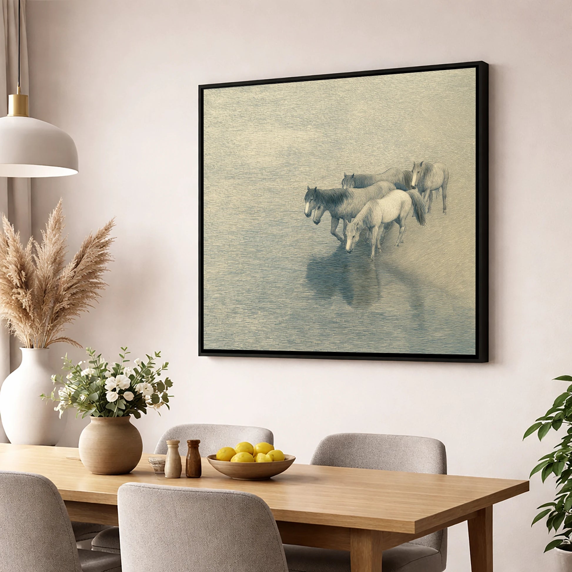 Reflections of the Herd wild horses wall art displayed in a dining room