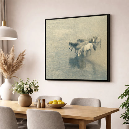 Reflections of the Herd wild horses wall art displayed in a dining room
