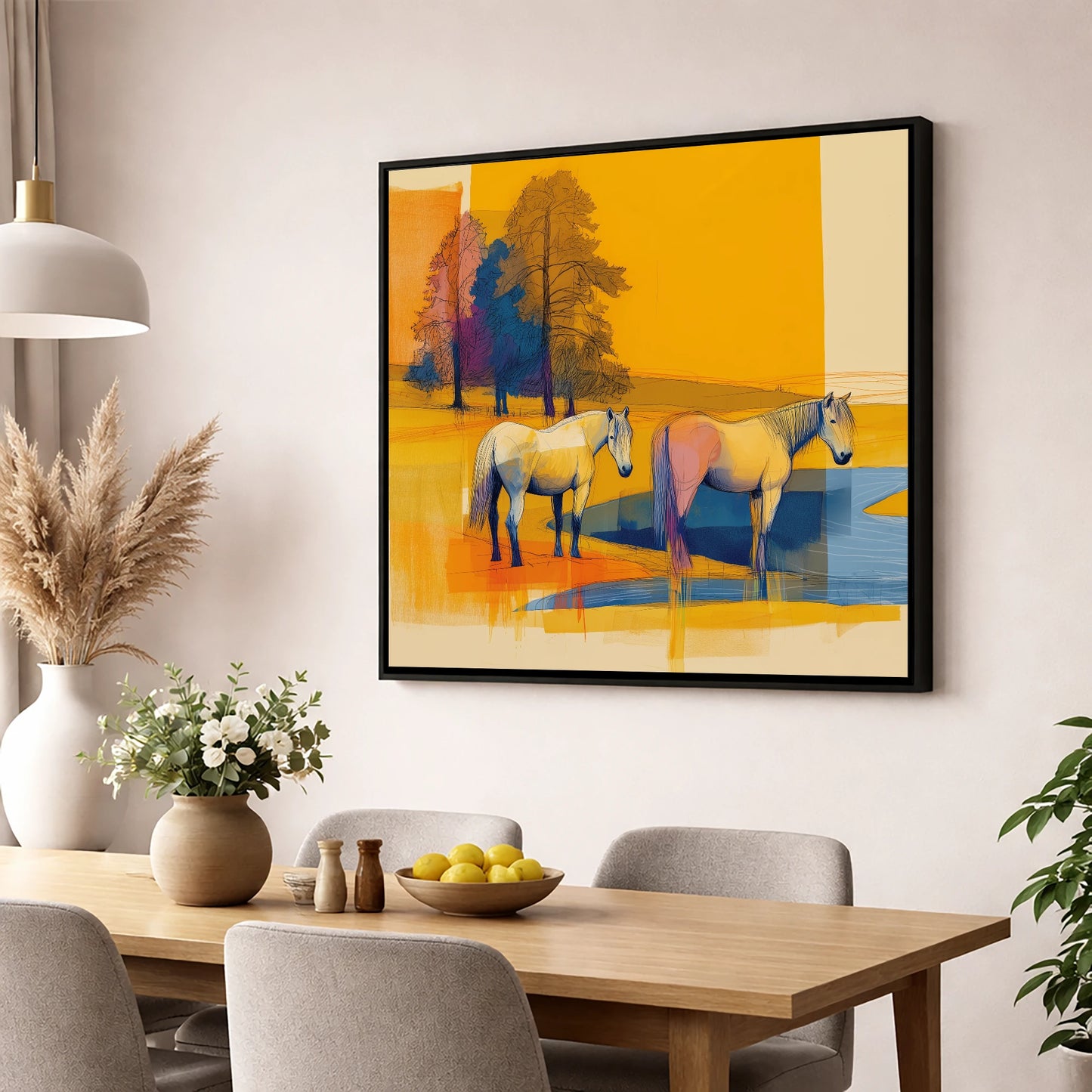 Abstract Golden Pasture horse landscape wall art displayed in a dining room