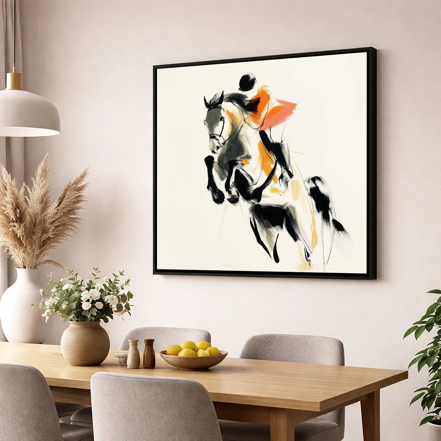 Amber Flight show jumping horse wall art displayed in a dining room