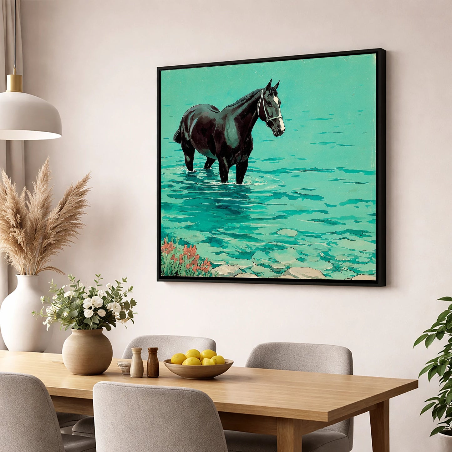Midnight in the Shallows beach horse wall art displayed in a dining room