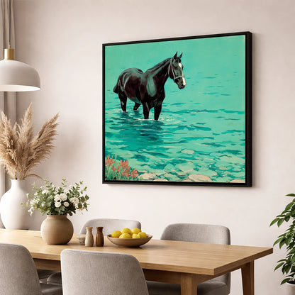 Midnight in the Shallows beach horse wall art displayed in a dining room