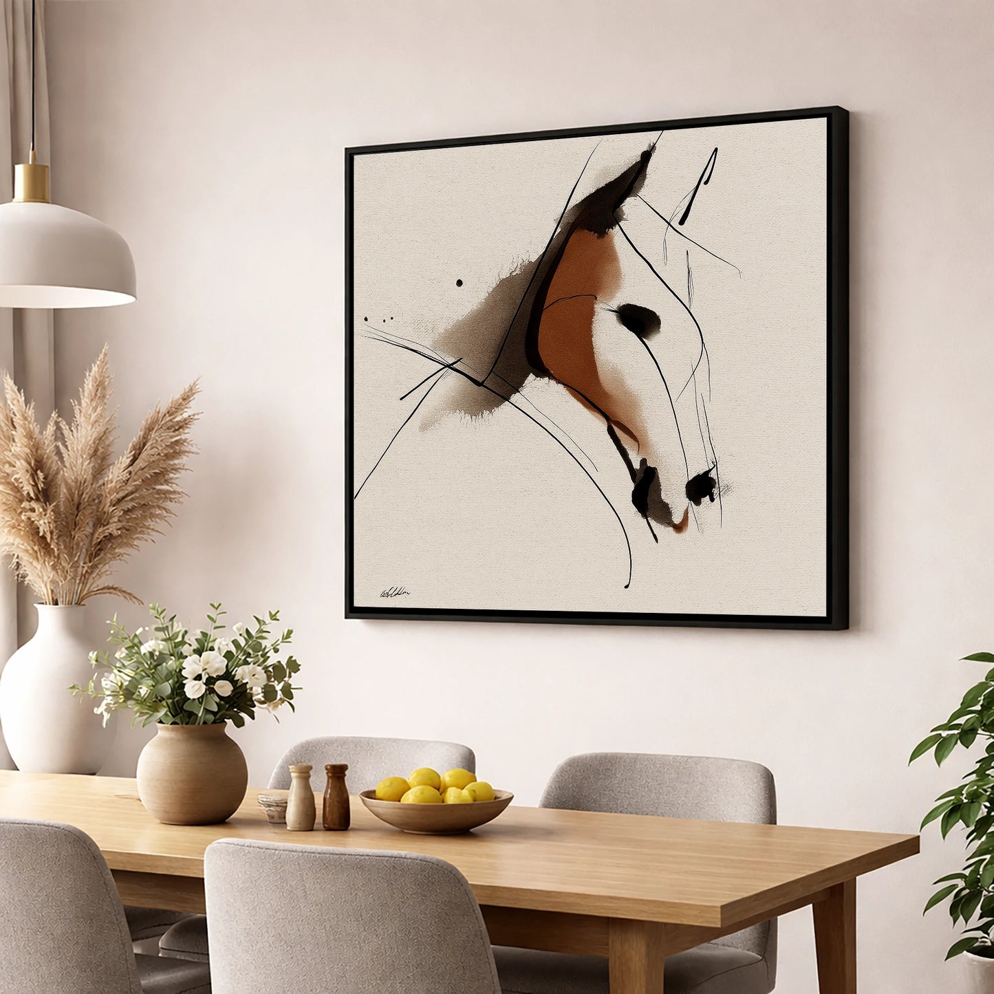 Abstract Sienna Profile horse portrait wall art displayed in a dining room