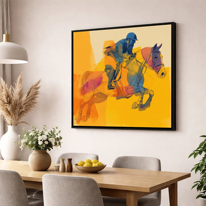 Flight in Colour show jumping horse wall art displayed in a dining room