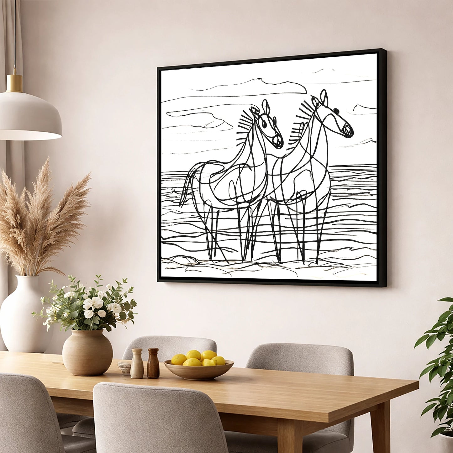 Linear Equine Companions horse landscape wall art displayed in a dining room