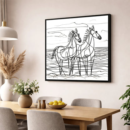 Linear Equine Companions horse landscape wall art displayed in a dining room