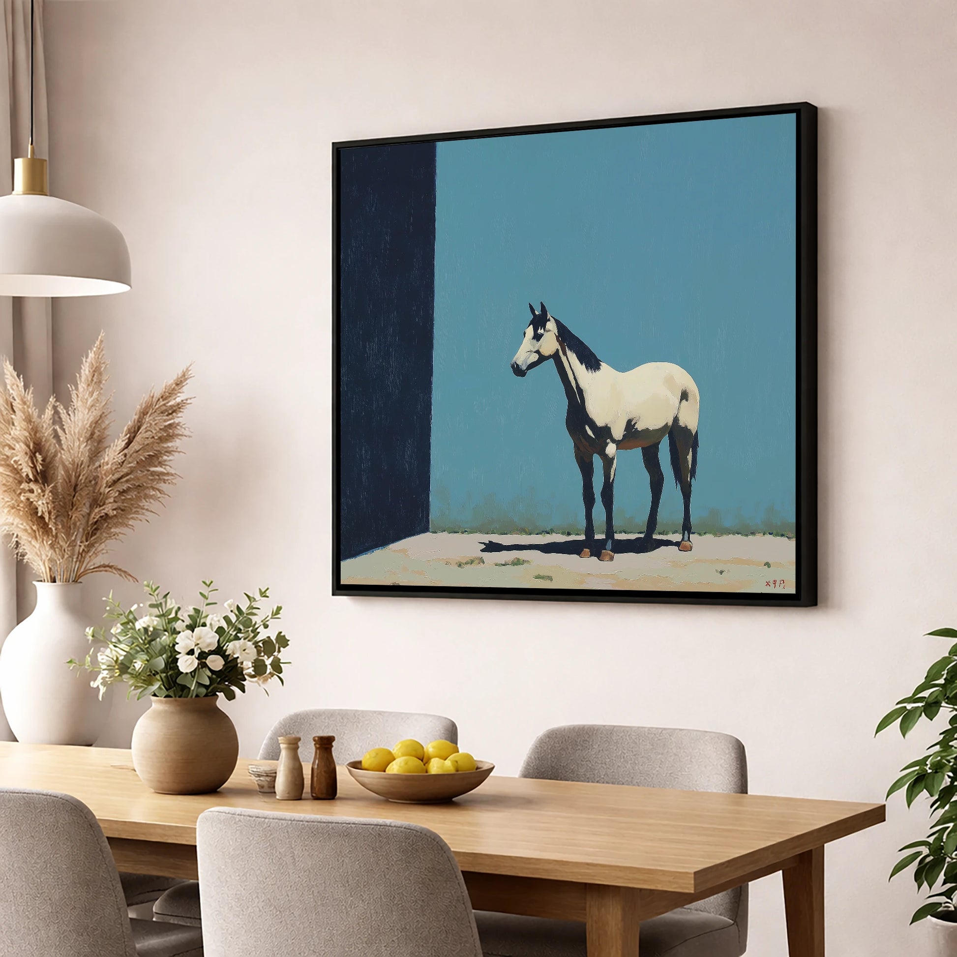 Cerulean and Shadow horse breed wall art displayed in a dining room
