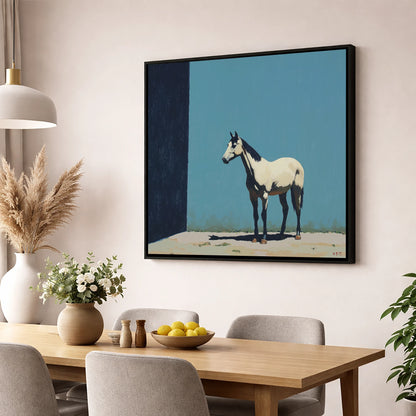 Cerulean and Shadow horse breed wall art displayed in a dining room