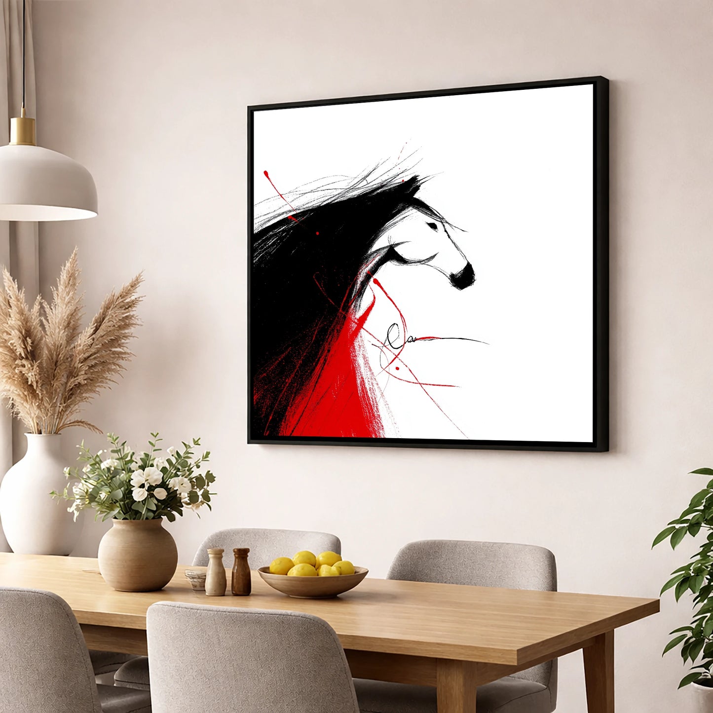 Crimson Spirit Silhouette horse portrait wall art displayed in a dining room