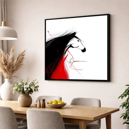 Crimson Spirit Silhouette horse portrait wall art displayed in a dining room