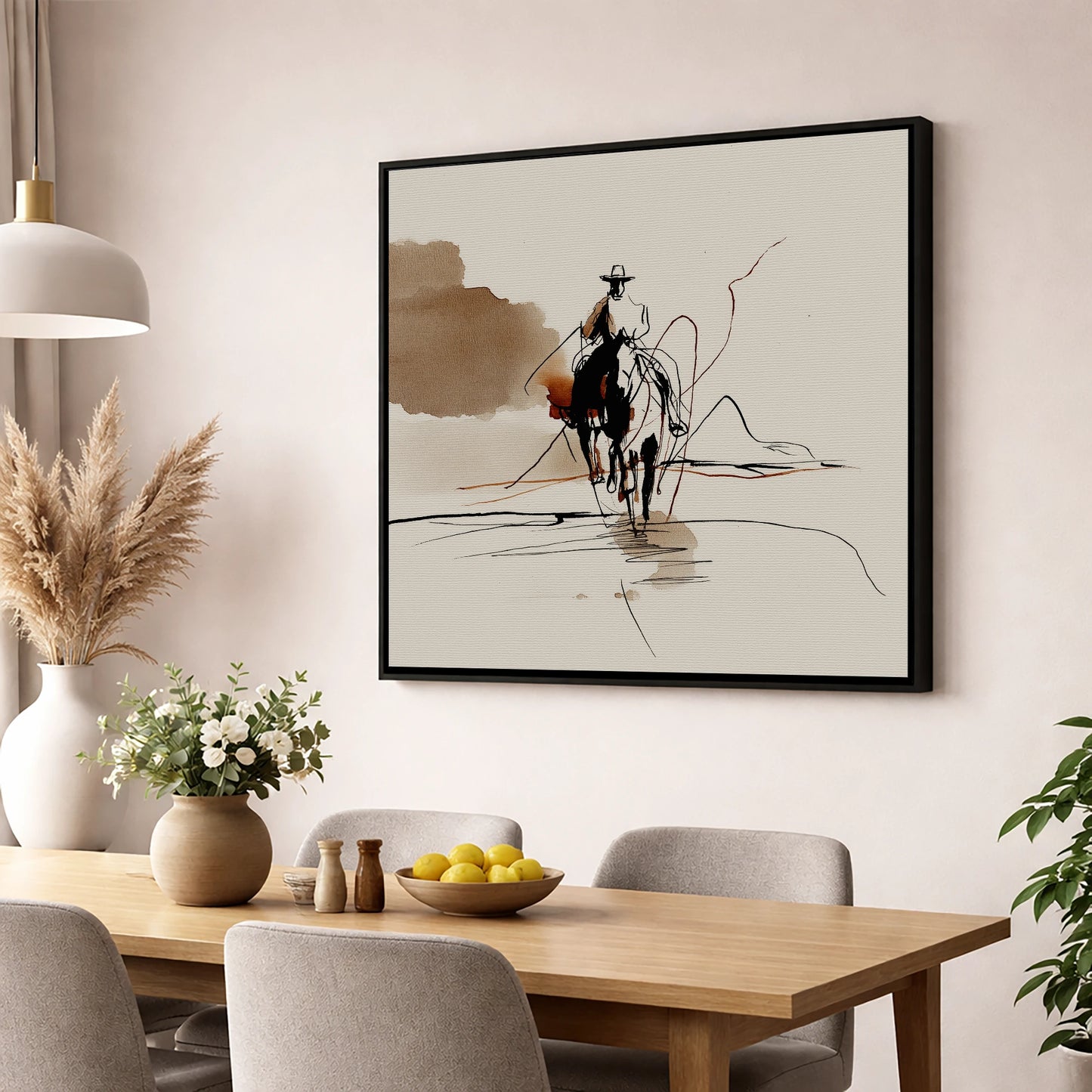 The Lone Rider western horse wall art displayed in a dining room