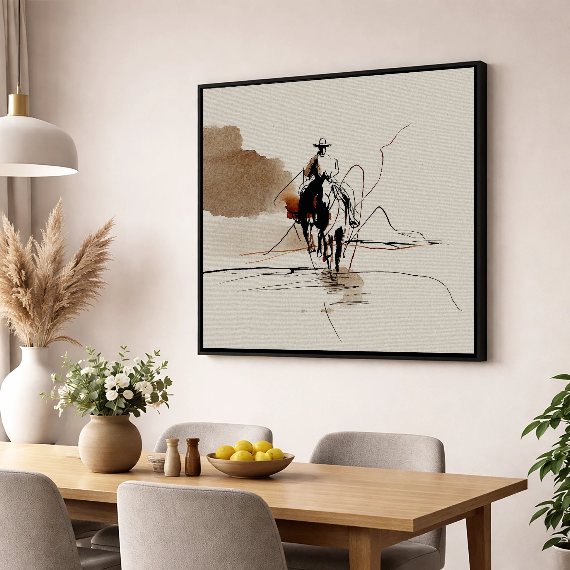 The Lone Rider western horse wall art displayed in a dining room