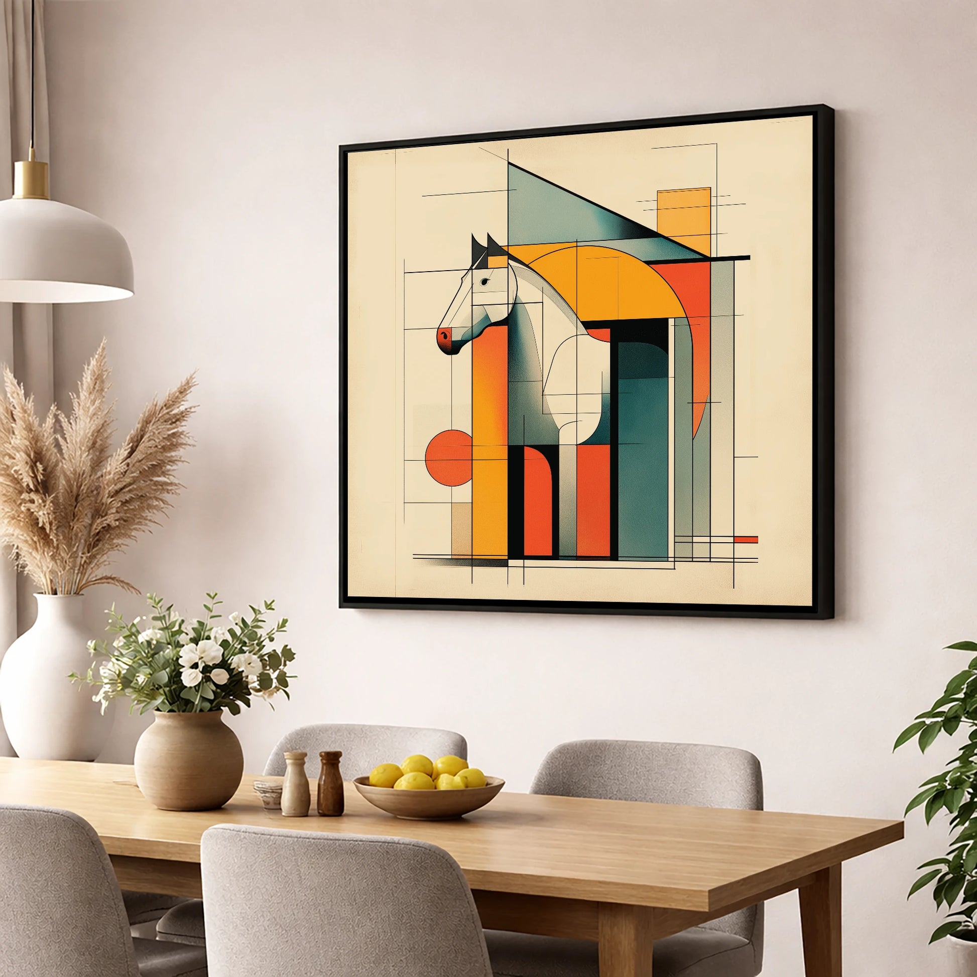 Structural Harmony horse stable wall art displayed in a dining room