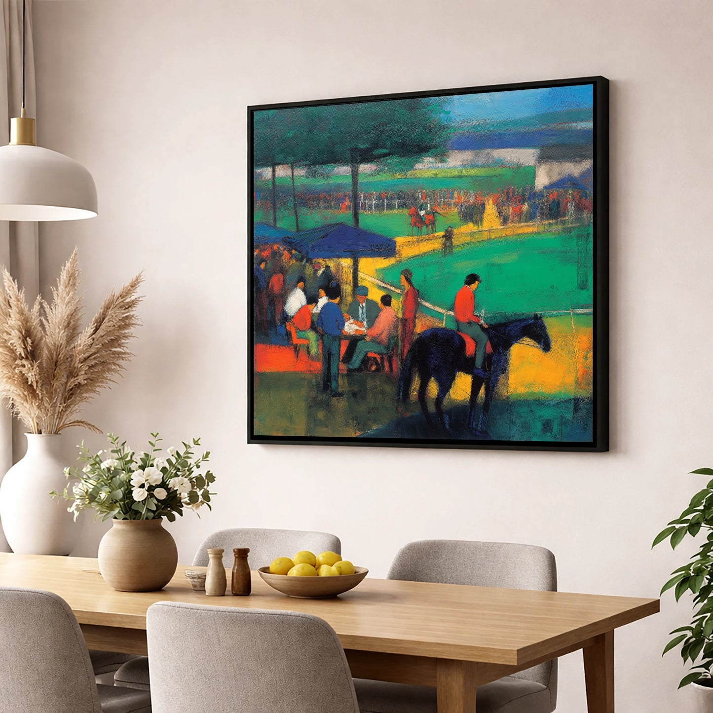 Anticipation at the Track racing horse wall art displayed in a dining room