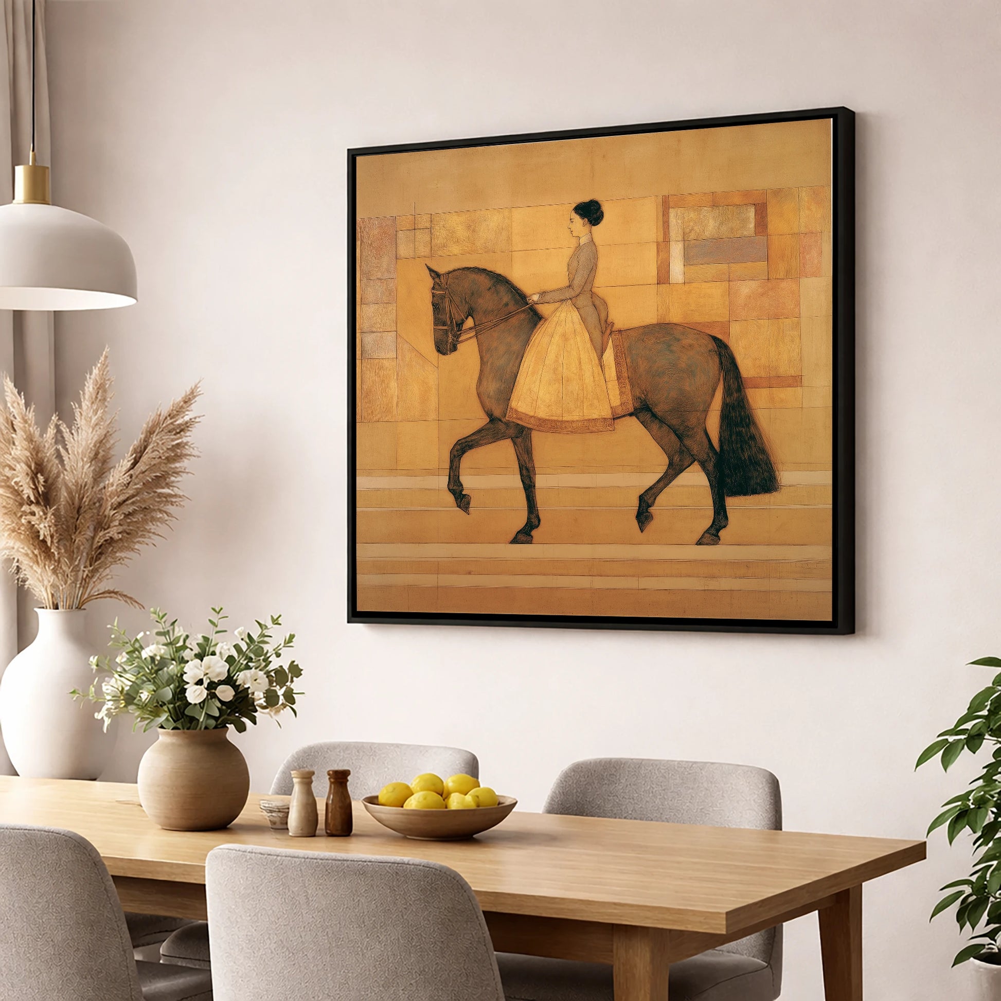 Golden Era Dressage dressage horse wall art displayed in a dining room