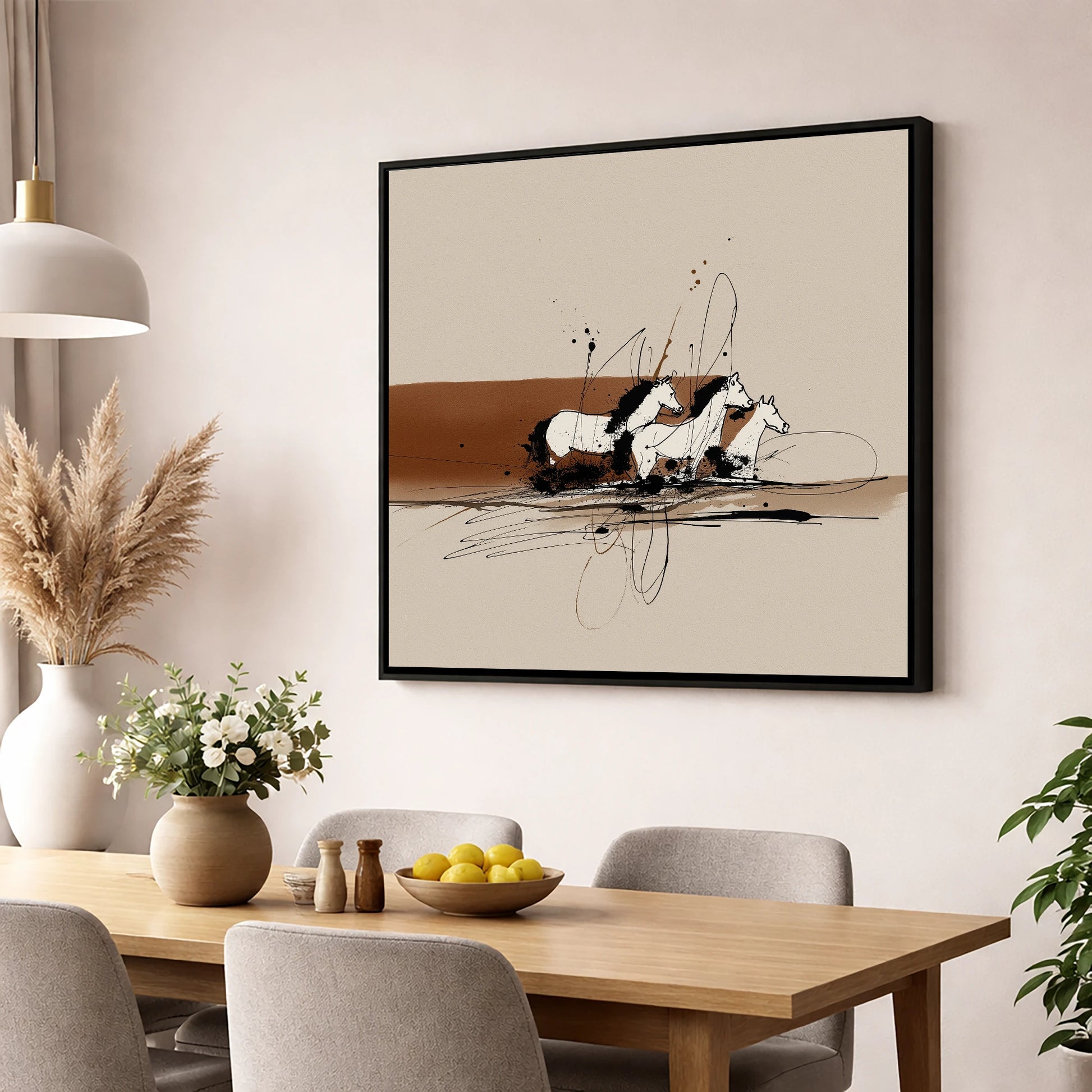 Freedom in Motion wild horses wall art displayed in a dining room