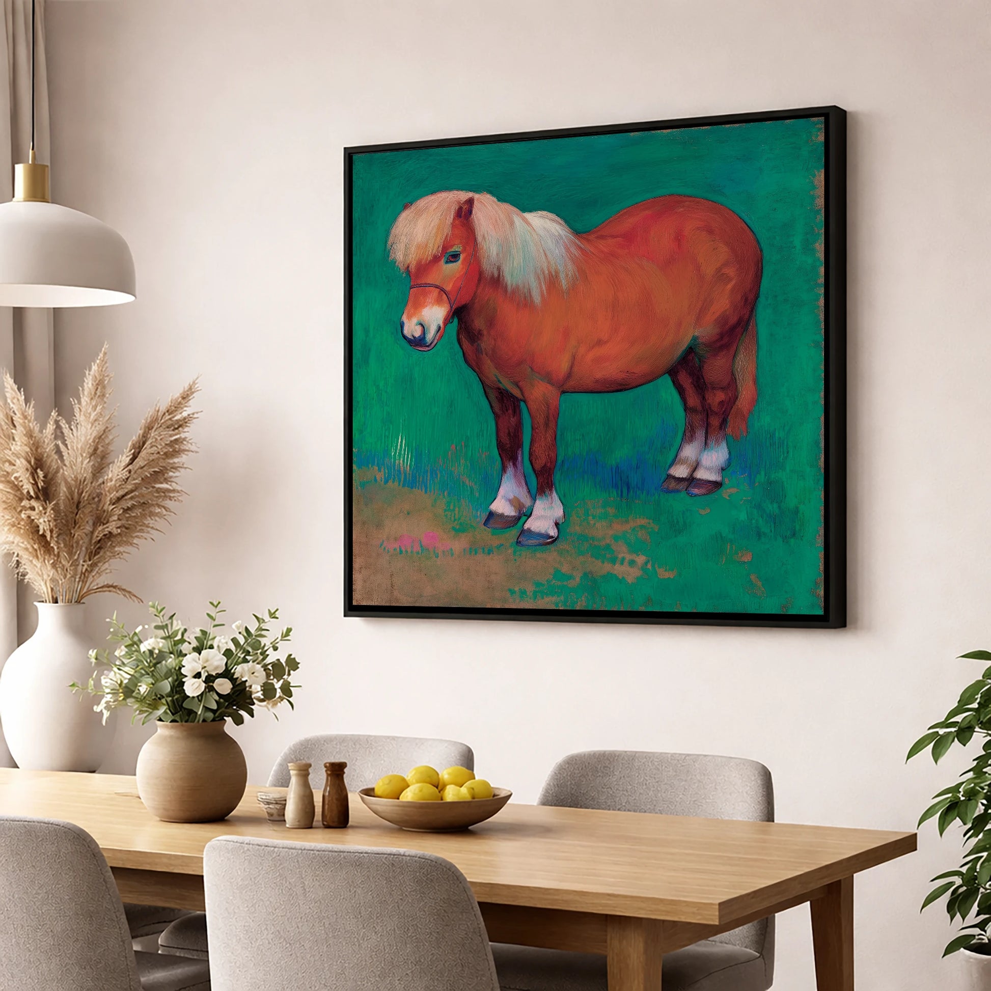 Emerald Chestnut Pony horse breed wall art displayed in a dining room