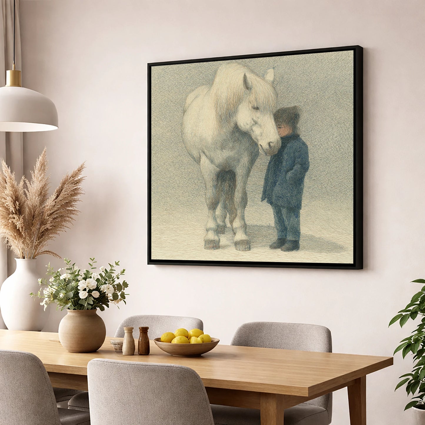 Quiet Trust horse & rider wall art displayed in a dining room