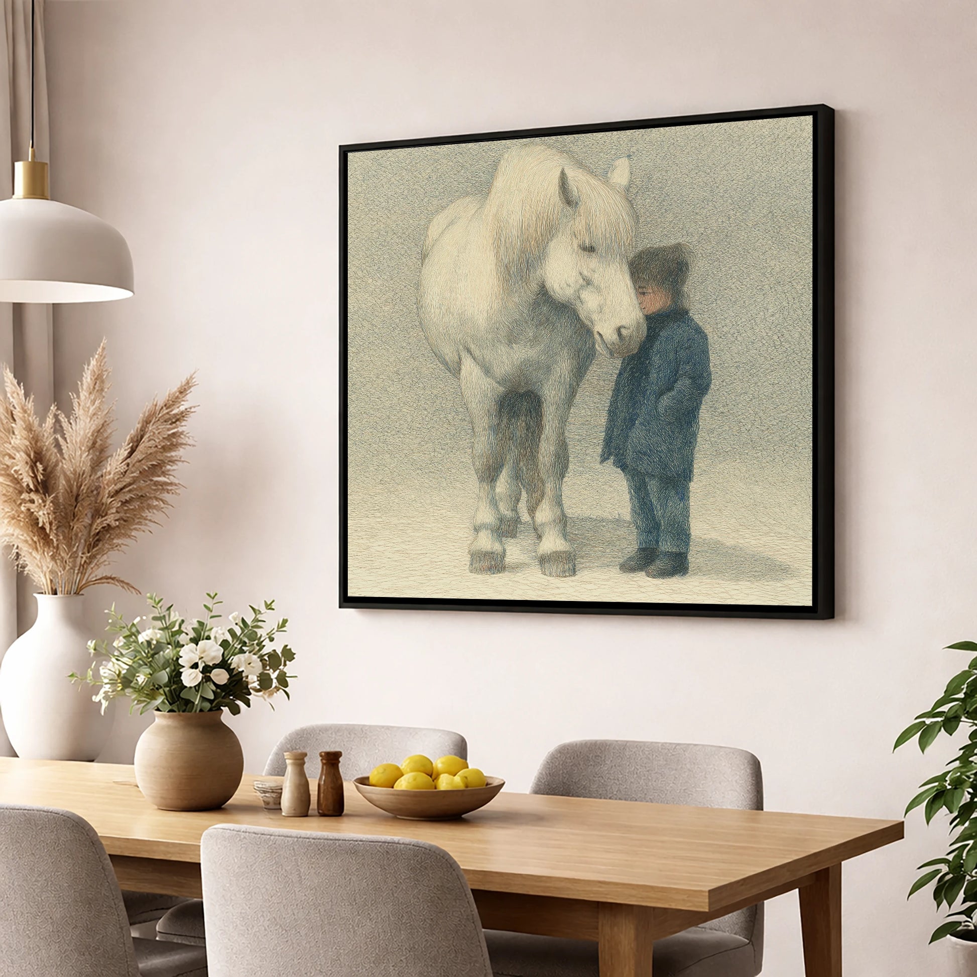Quiet Trust horse & rider wall art displayed in a dining room