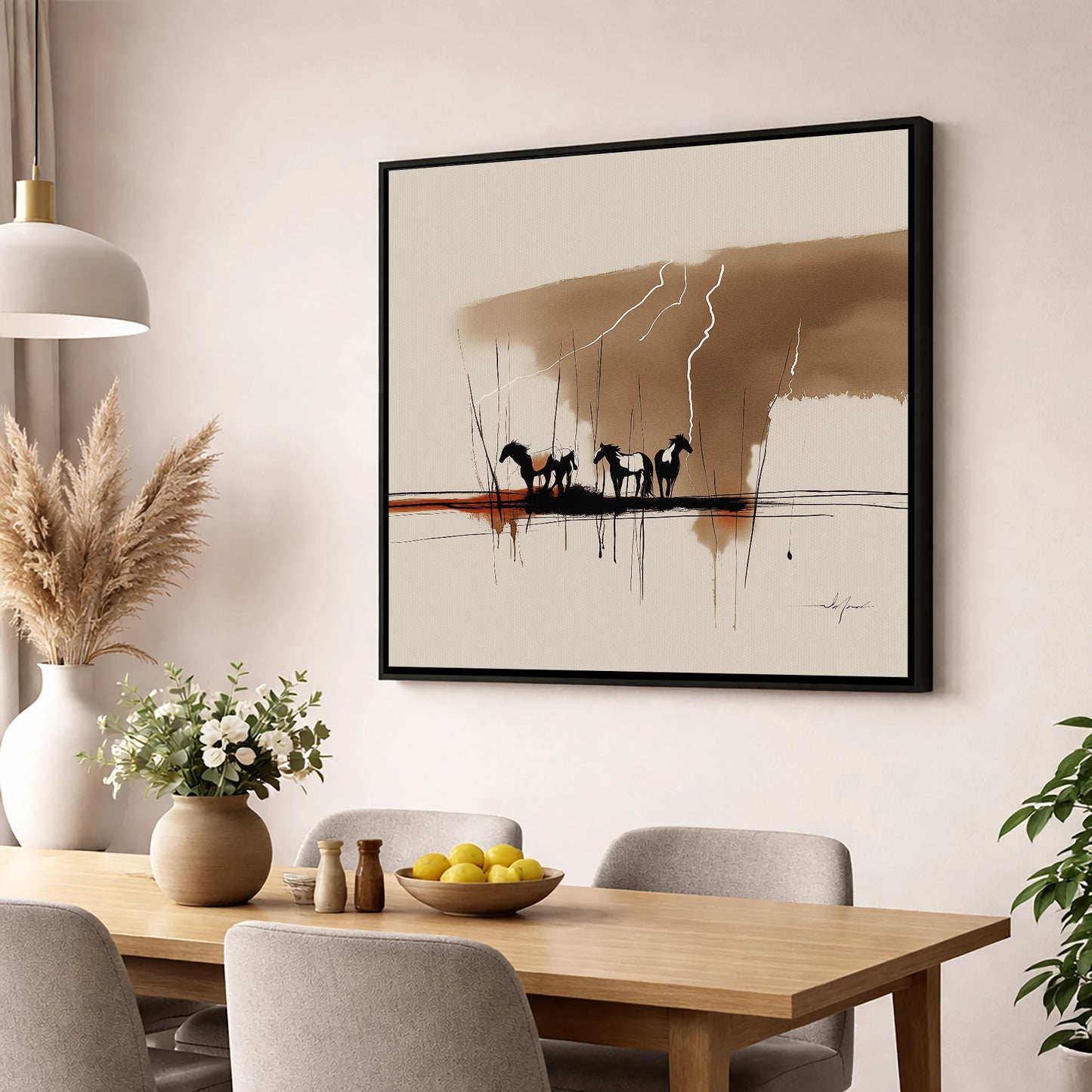 Thunder Over the Plains wild horses wall art displayed in a dining room